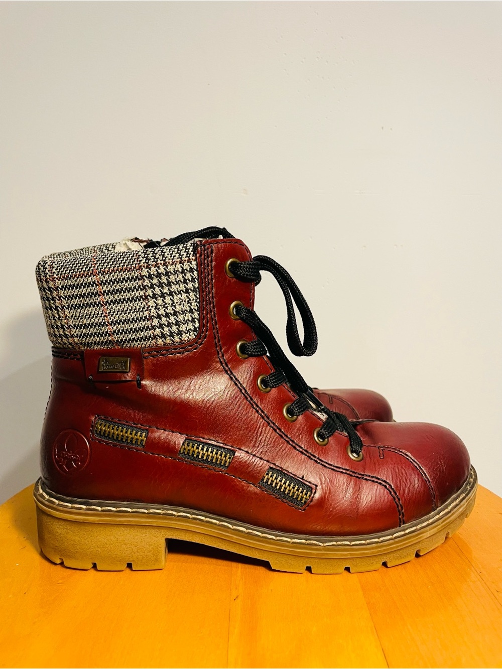 Rieker Red Leather Lace-Up Ankle Boots with Black Laces